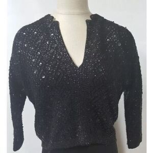 Cyn Les Short Black V Neck Sweater size 36 US Small Sequins Lined 3/4 Sleeve Vtg